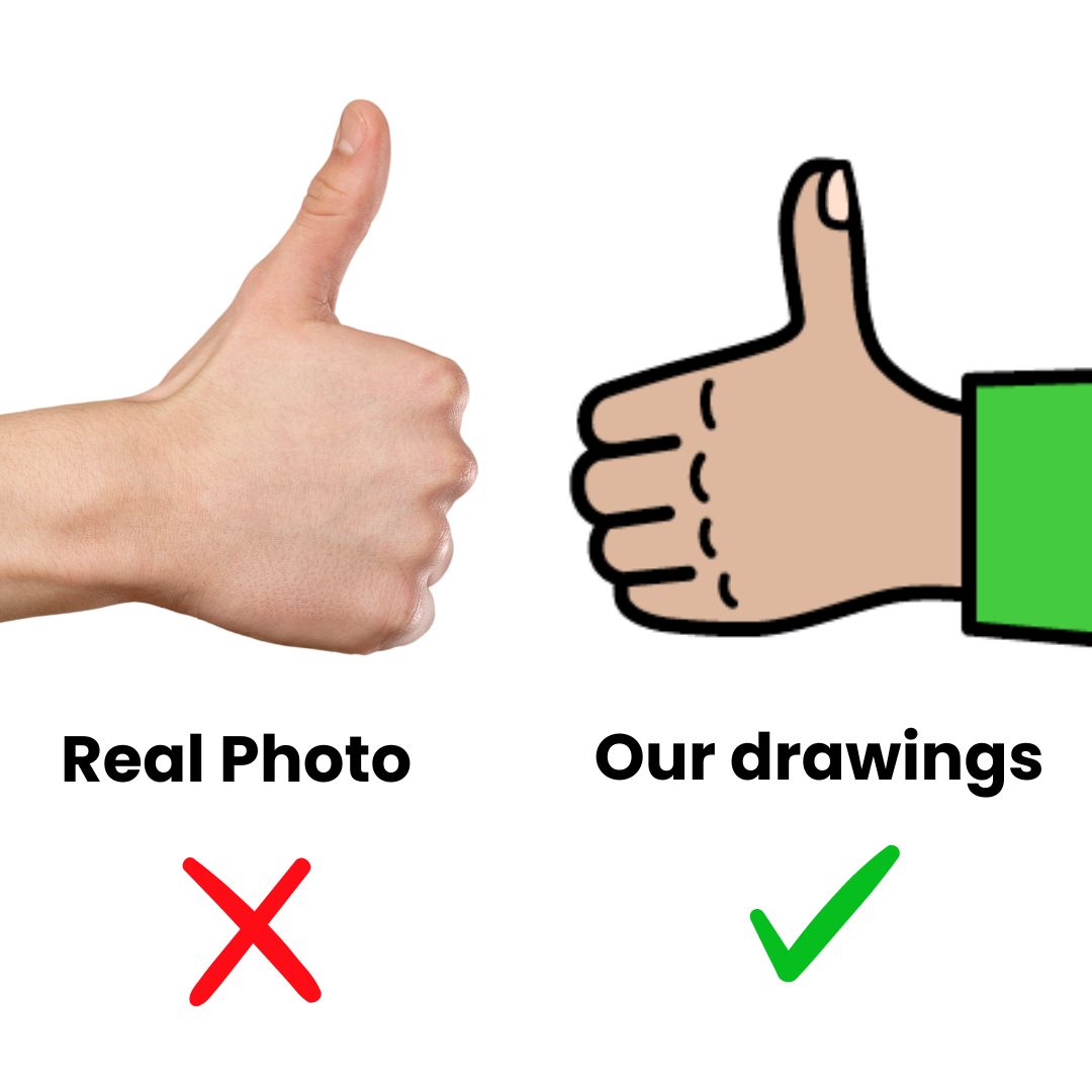 Content warning image comparing a photograph of a hand and a drawing of a hand