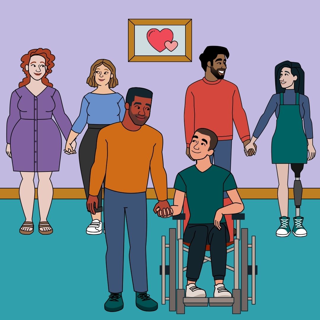 Image of three couples standing together with a love heart between them. Couple 1 is two women, couple 2 is a man and a woman and couple 3 is two men