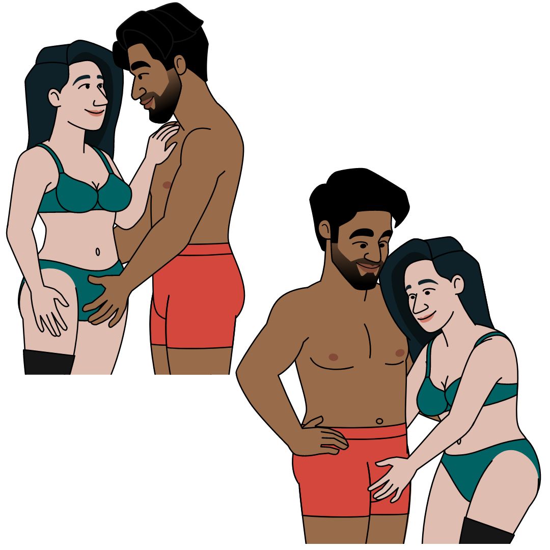 2 drawings of the same man and woman. The drawing on the left shows the man touching the woman's breast on top of her bra. The drawing on the right shows the woman is touching the man's penis over his boxers.