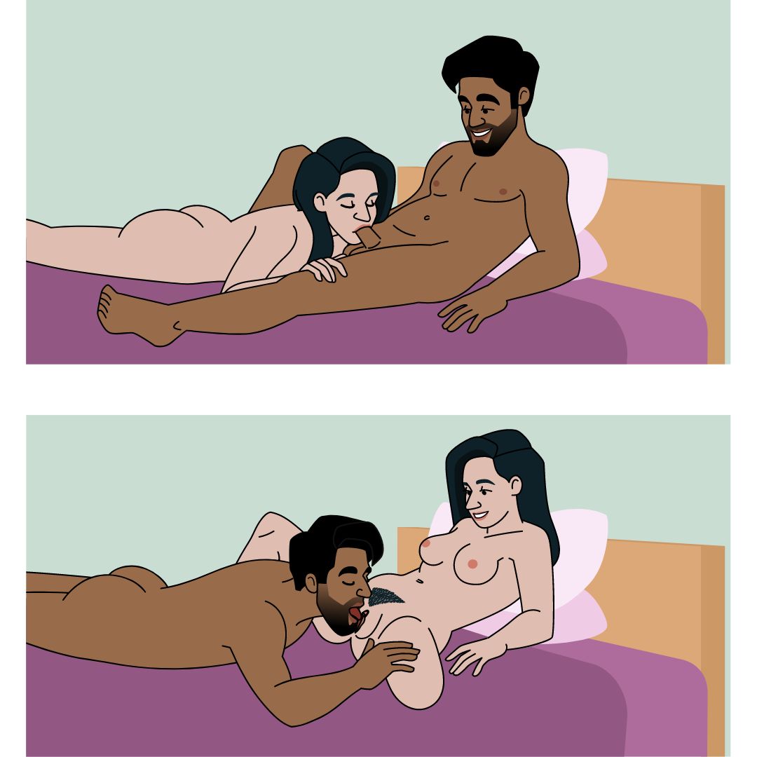 two illustrations of a person with a penis and a person with a vulva having oral sex. The top illustration shows the person with a penis laying on his back while his partner performs oral sex on him by putting her mouth on his penis. The illustration below shows the same couple with the roles reversed. The person with a vulva is laying on her back while her partner puts his mouth on her vulva. The couple looks happy and relaxed in both images.
