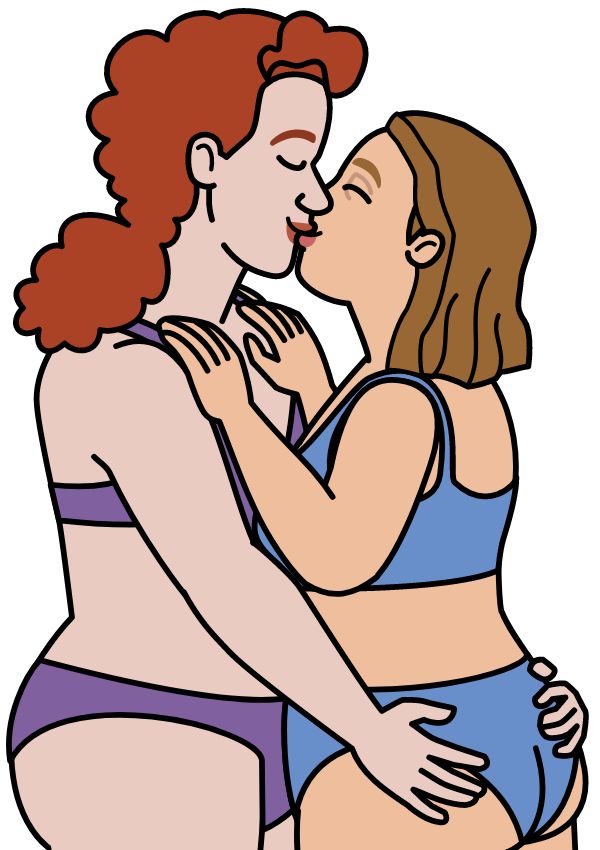 A drawing of two women kissing each other in their bras and underwear.