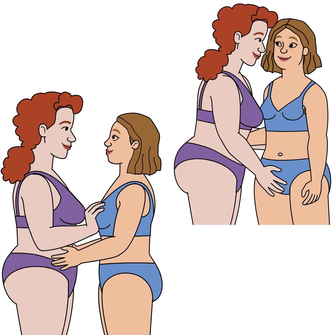 On the bottom left is a drawing of two women in their underwear standing close to each other with one woman touching the other woman's breasts. On the top Right is a drawing of the same couple with one woman touching the other woman's vulva over top of her underwear. Both women are smiling in both drawings.