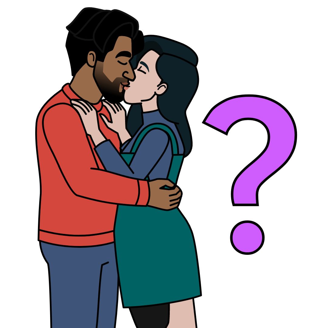 An image of a man and a woman kissing next to a large purple question mark.
