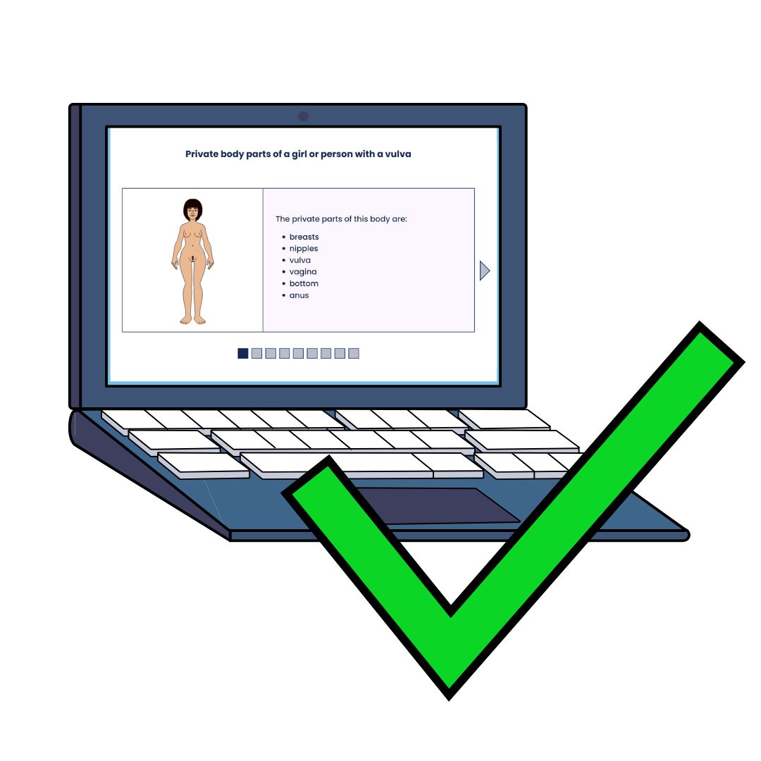 A drawing of a laptop with the Healthy Respect website page about private body parts on the screen. A big green tick is in front of the laptop.