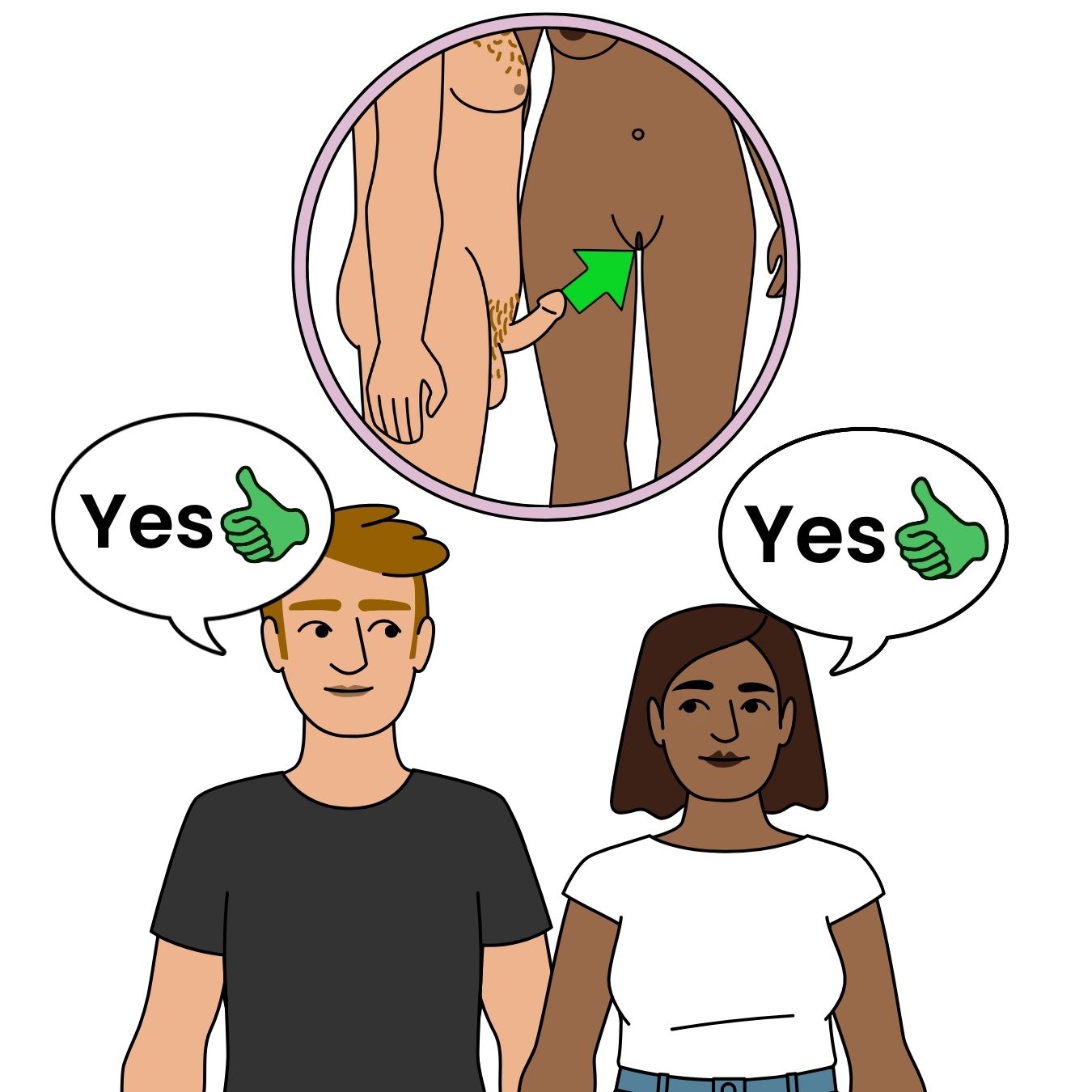 A drawing of a person with an erect penis standing side on. There is a green arrow pointing from their penis to the vulva of a person standing front on.