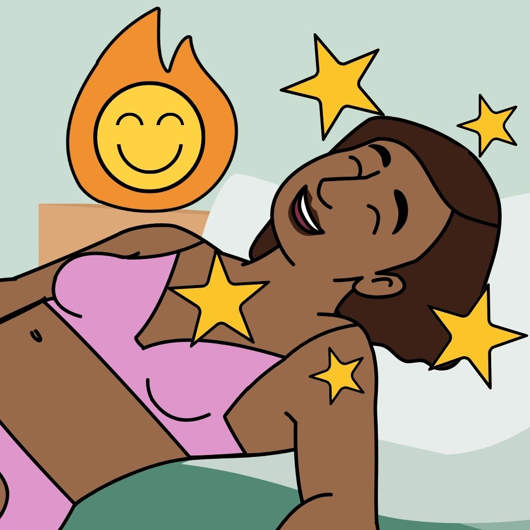 A drawing of the face of a woman having an orgasm with stars and a smiley face around her.