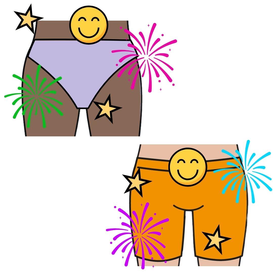 A close up of the private parts of someone with a vulva with underwear on over the private parts. the drawing is surrounded by stars, fireworks, and a smiling emoji to represent nice feelings. Another close up of the private parts of a person with a penis covered by underwear also has fireworks and a smiling face around it showing nice feelings.