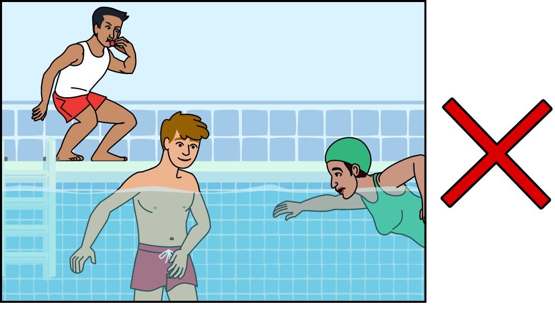 A drawing of a young man in a swimming pool touching his private parts over his pants. Their is a girl swimming towards him. A lifeguard is blowing a whistle. There is a big red X beside the image showing this is not okay.