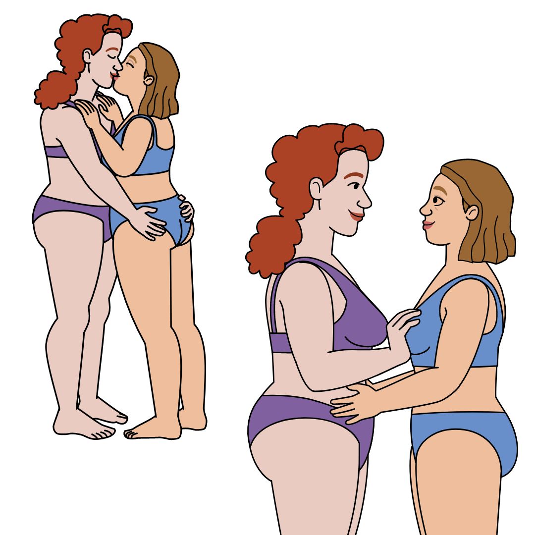 2 drawings of the same man and woman. The drawing on the left shows the man touching the woman's breast on top of her bra. The drawing on the right shows the woman is touching the man's penis over his boxers.